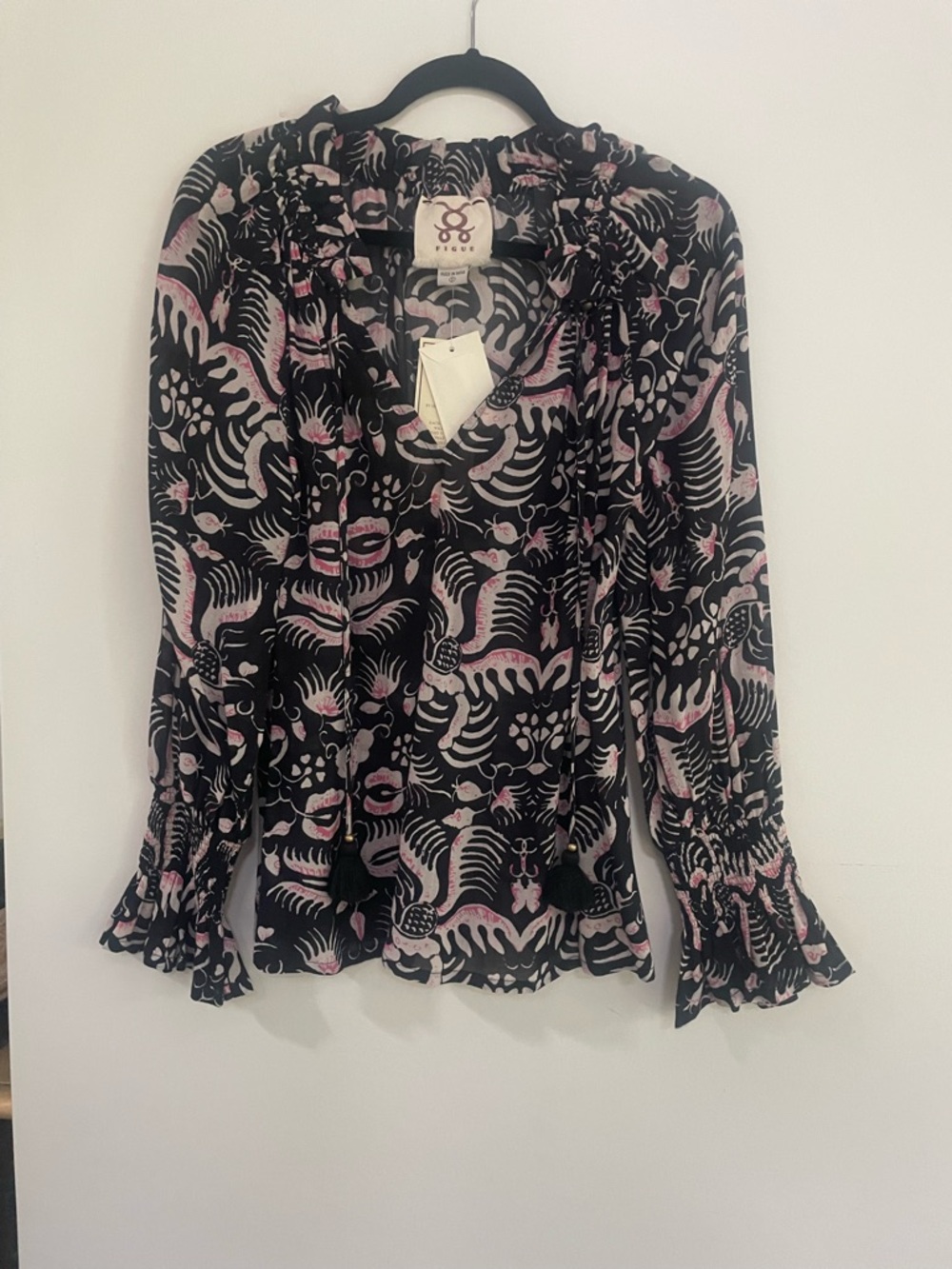 NWT Figue Zebra Print Tassel long Sleeve Blouse Black Pink Ruffle Tie Neck. Sz S